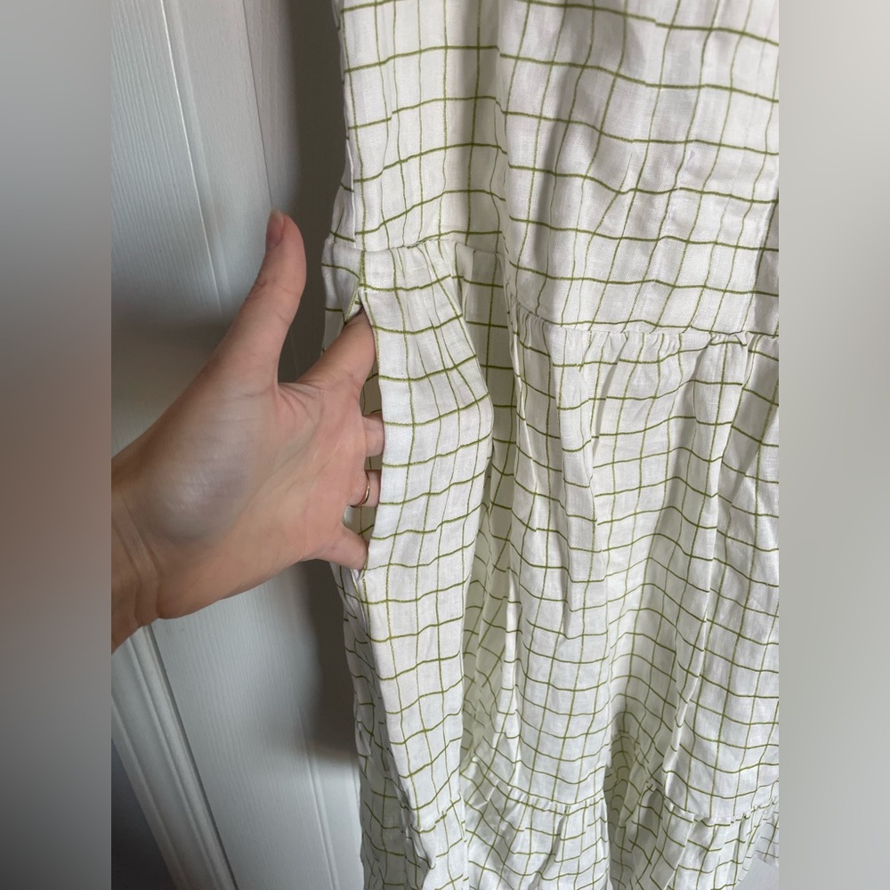 Cottagecore Picnic Linen Tiered Dress Hudson North Small White Plaid - Picture 6 of 13
